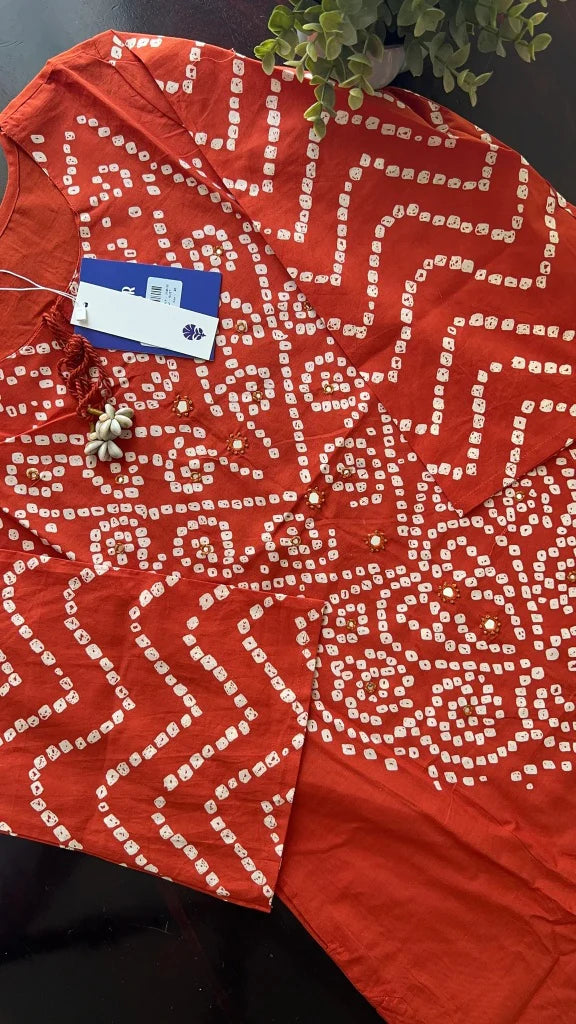 Rust Orange Bandhani Cotton Suit Set with Dupatta