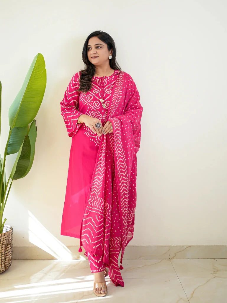 Pink Bandhani Cotton Kurta Pant Set with Dupatta