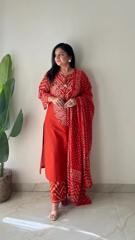 Rust Orange Bandhani Cotton Suit Set with Dupatta