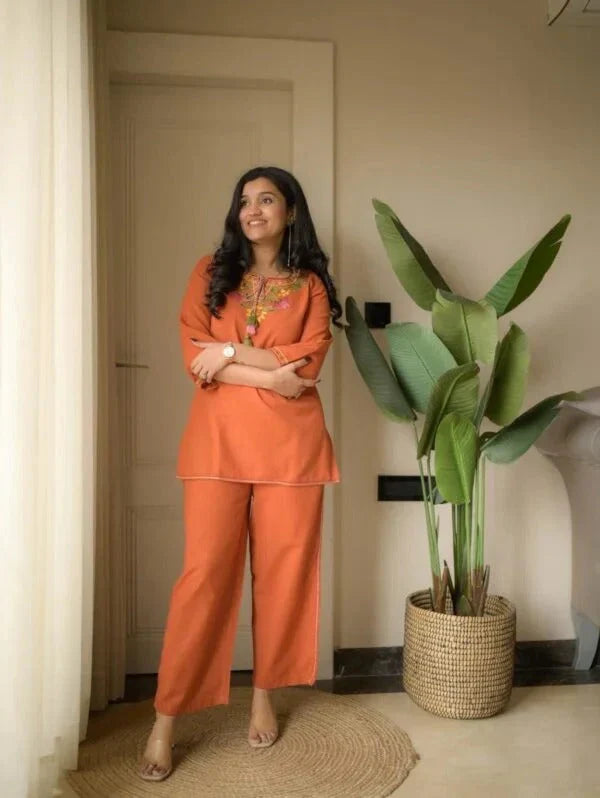 Peach Embroidered Ethnic Co-ord Set with Tassels