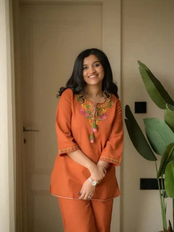 Peach Embroidered Ethnic Co-ord Set with Tassels