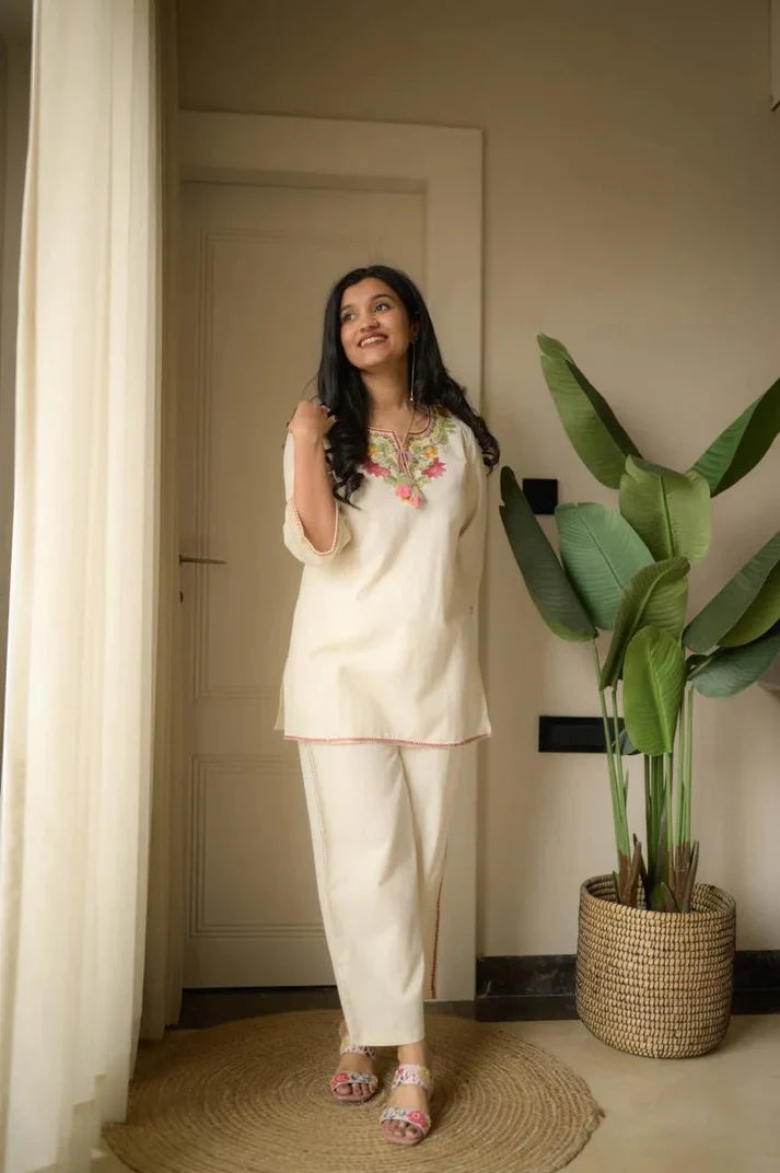 Off-White Embroidered Ethnic Co-ord Set with Tassels