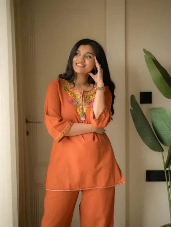 Peach Embroidered Ethnic Co-ord Set with Tassels