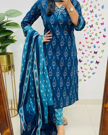 Blue Ikkat Print With Kurti Pant & Dupatta Set For Women