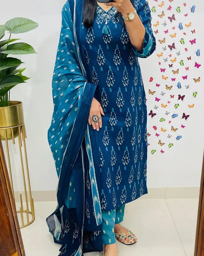 Blue Ikkat Print With Kurti Pant & Dupatta Set For Women