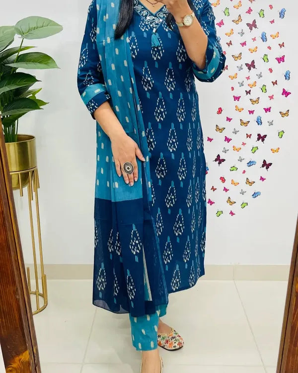 blue ikkat print with kurti pant & dupatta set for women