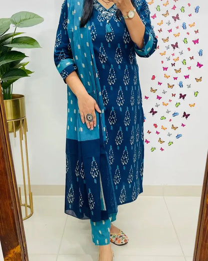 Blue Ikkat Print With Kurti Pant & Dupatta Set For Women