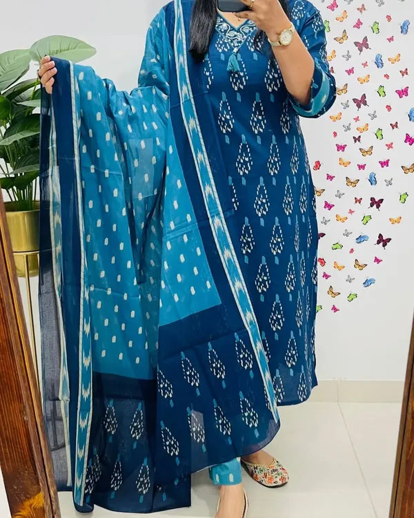 blue ikkat print with kurti pant & dupatta set for women