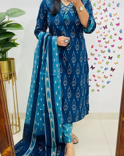 Blue Ikkat Print With Kurti Pant & Dupatta Set For Women
