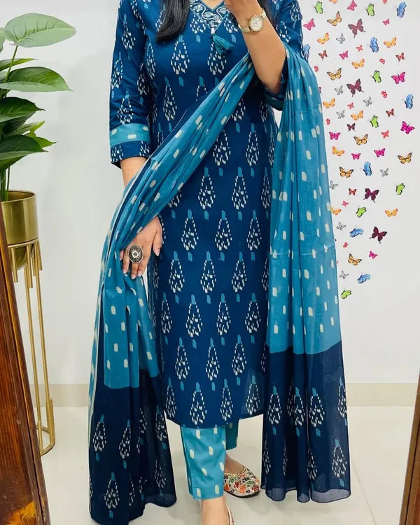 blue ikkat print with kurti pant & dupatta set for women