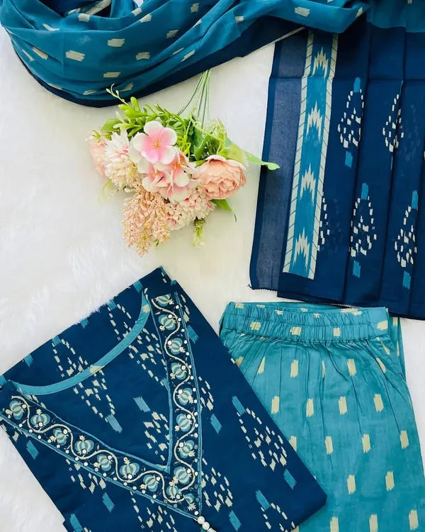 blue ikkat print with kurti pant & dupatta set for women