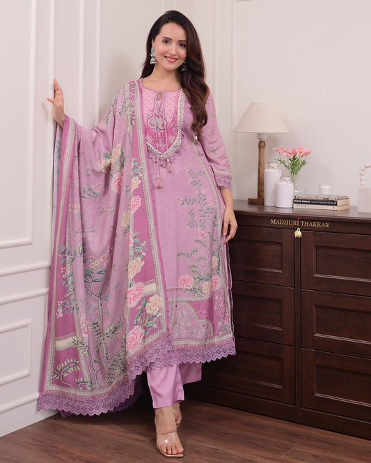 Blush Pink Floral Printed Kurta Set with Dupatta for Women
