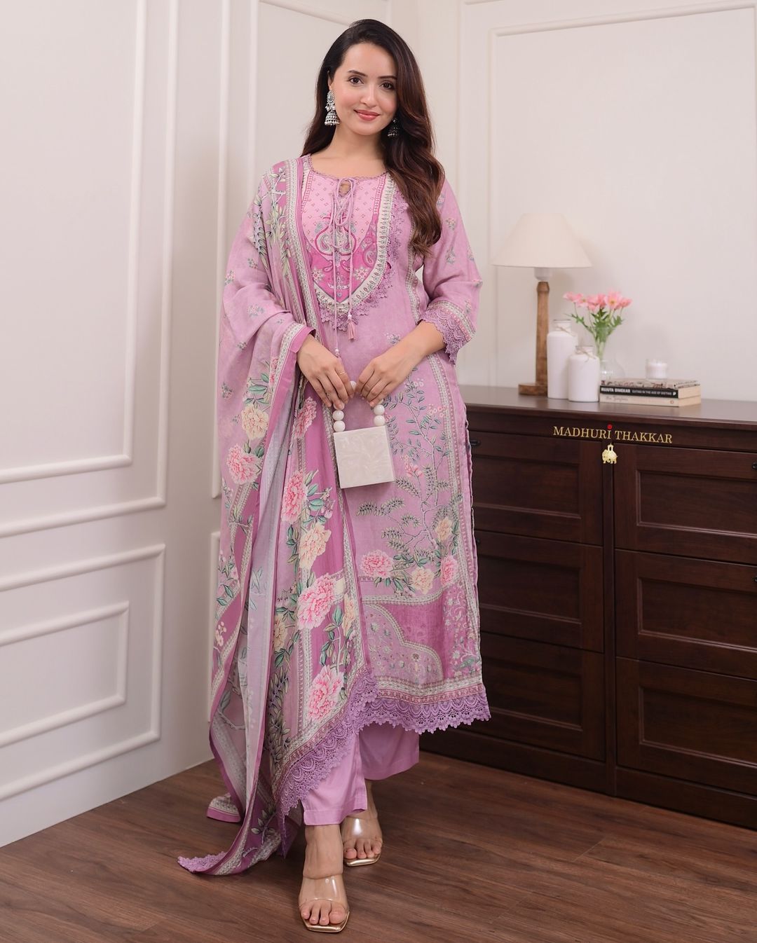 Blush Pink Floral Printed Kurta Set with Dupatta for Women