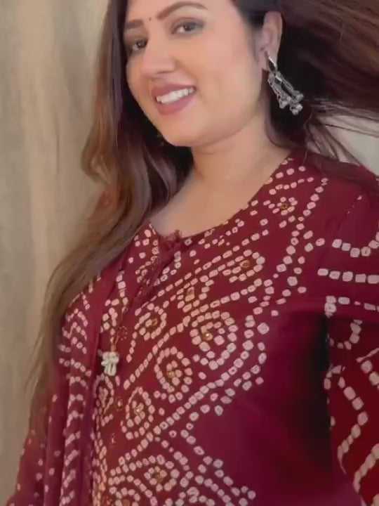 Maroon Bandhani Kurta Set with Dupatta