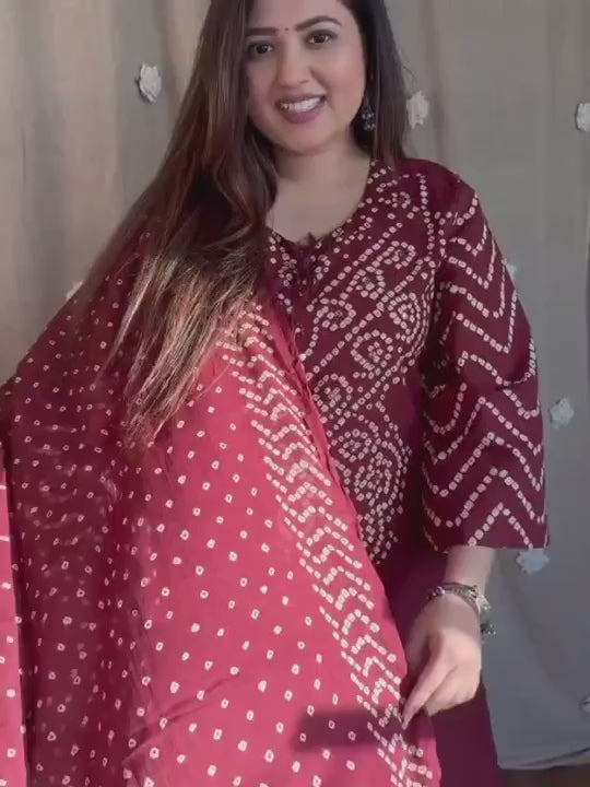 Maroon Bandhani Kurta Set with Dupatta