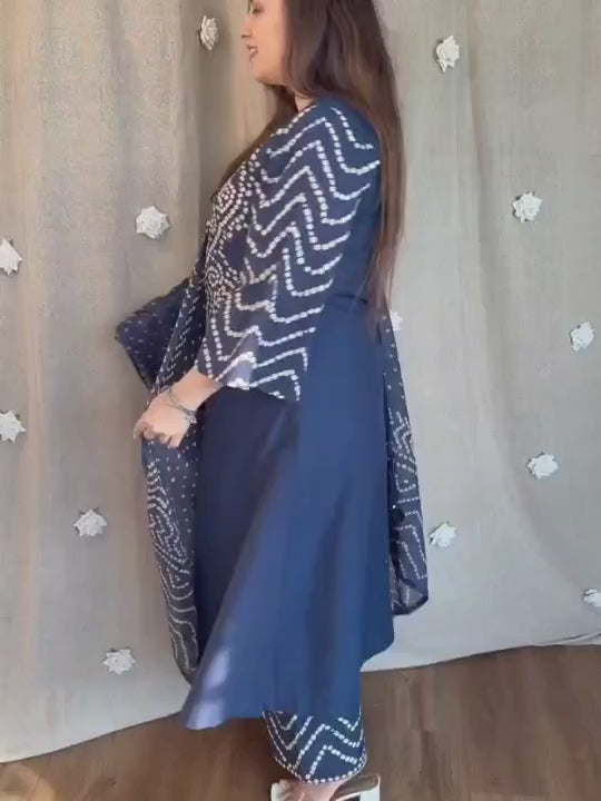 Navy Blue Bandhani Printed Kurta Set with Dupatta