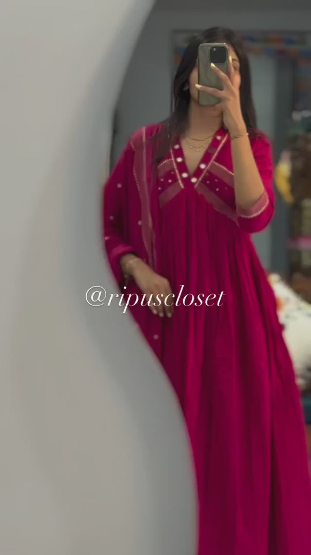 Rust Cotton Designer Embroidered Anarkali 3 Piece Set