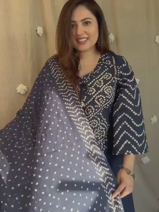 Navy Blue Bandhani Printed Kurta Set with Dupatta