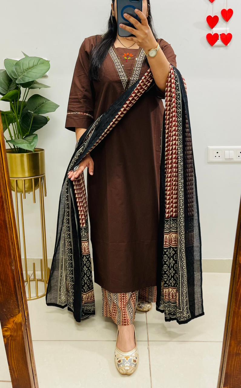 Dabu cotton coffee suit set with heavy embroidery on the yoke and pockets for women