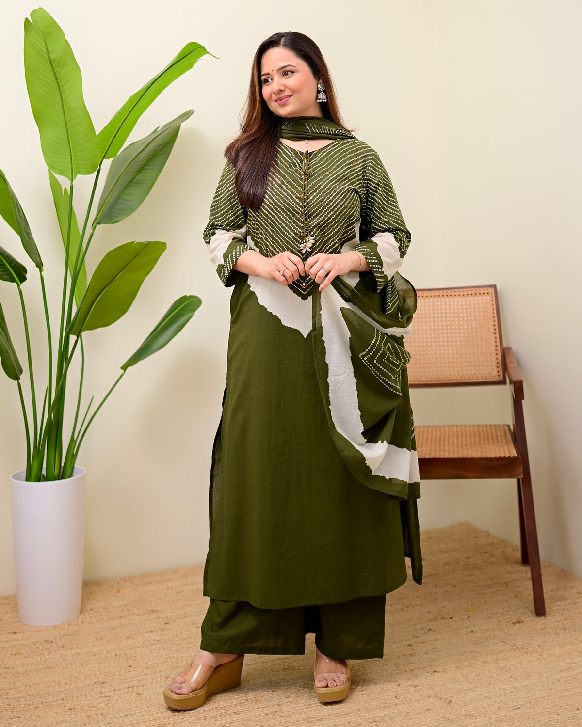 Olive Green Cotton Kurta Palazzo Set with Dupatta