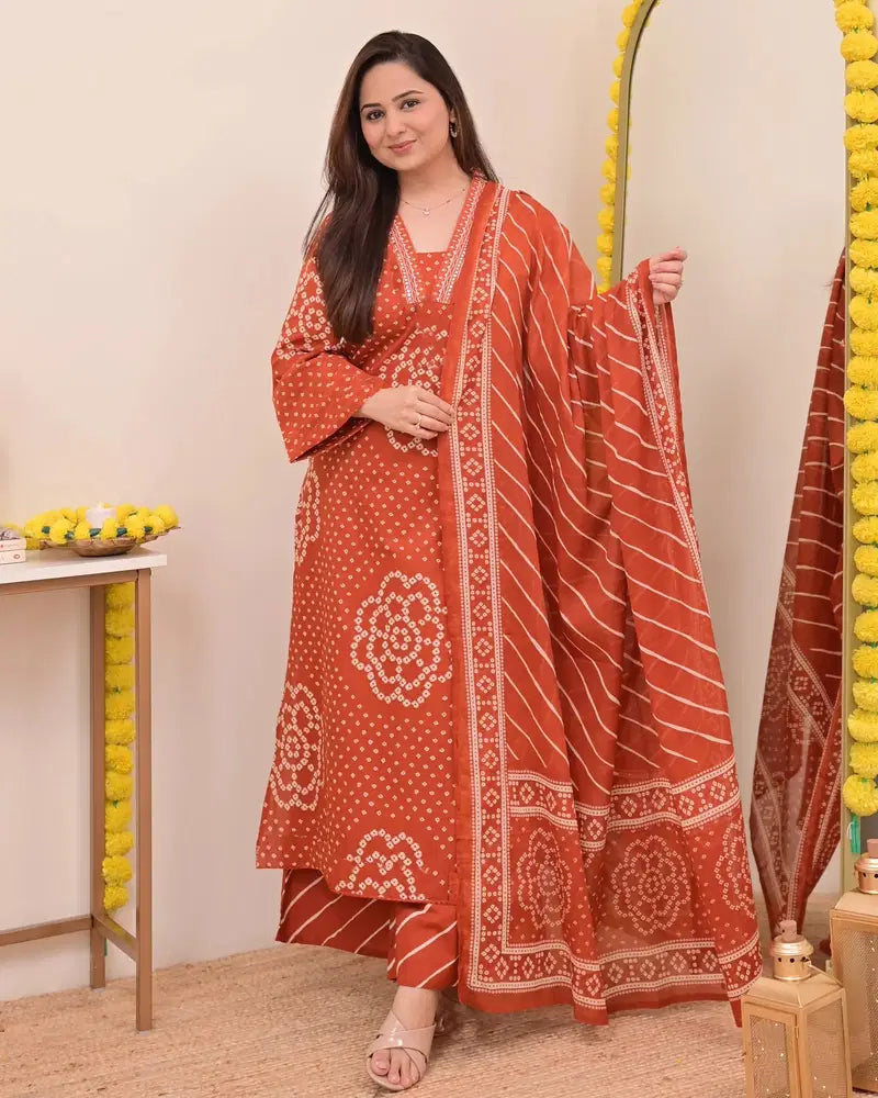Rust Bandhej Cotton A Line Suit Set