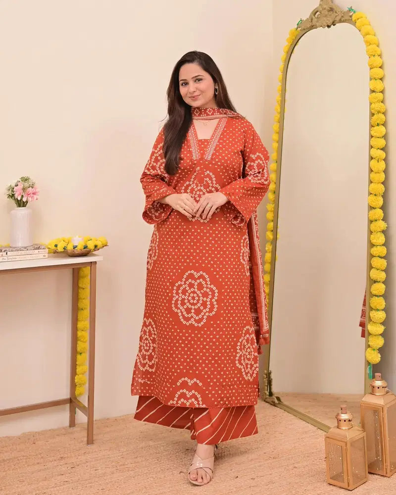 Rust Bandhej Cotton A Line Suit Set