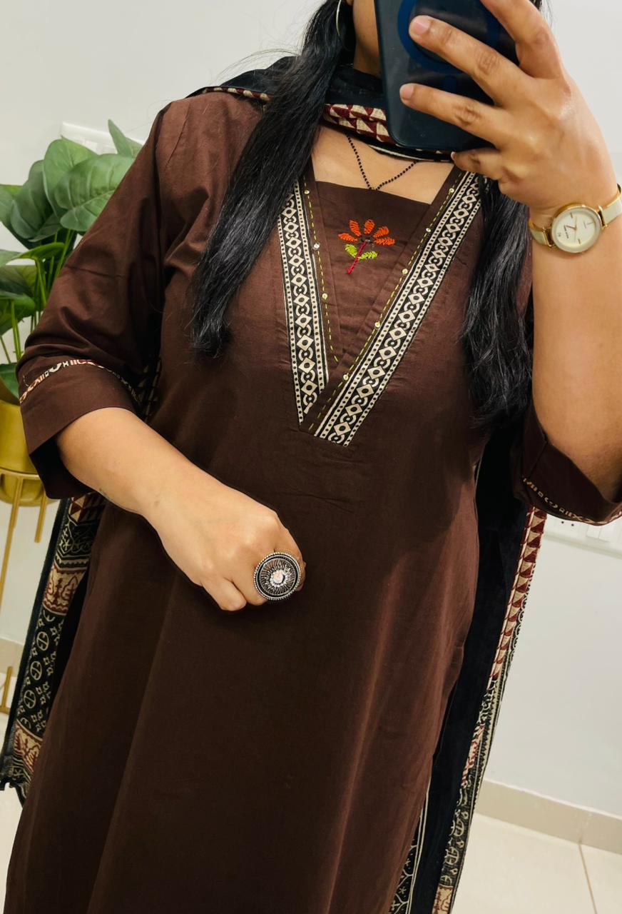Dabu cotton coffee suit set with heavy embroidery on the yoke and pockets for women