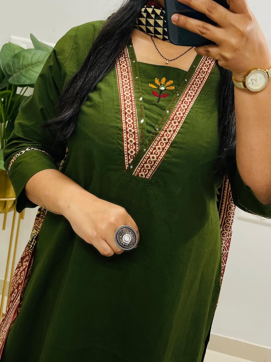 Dabu cotton green suit set with Heavy embroidery on neck for women