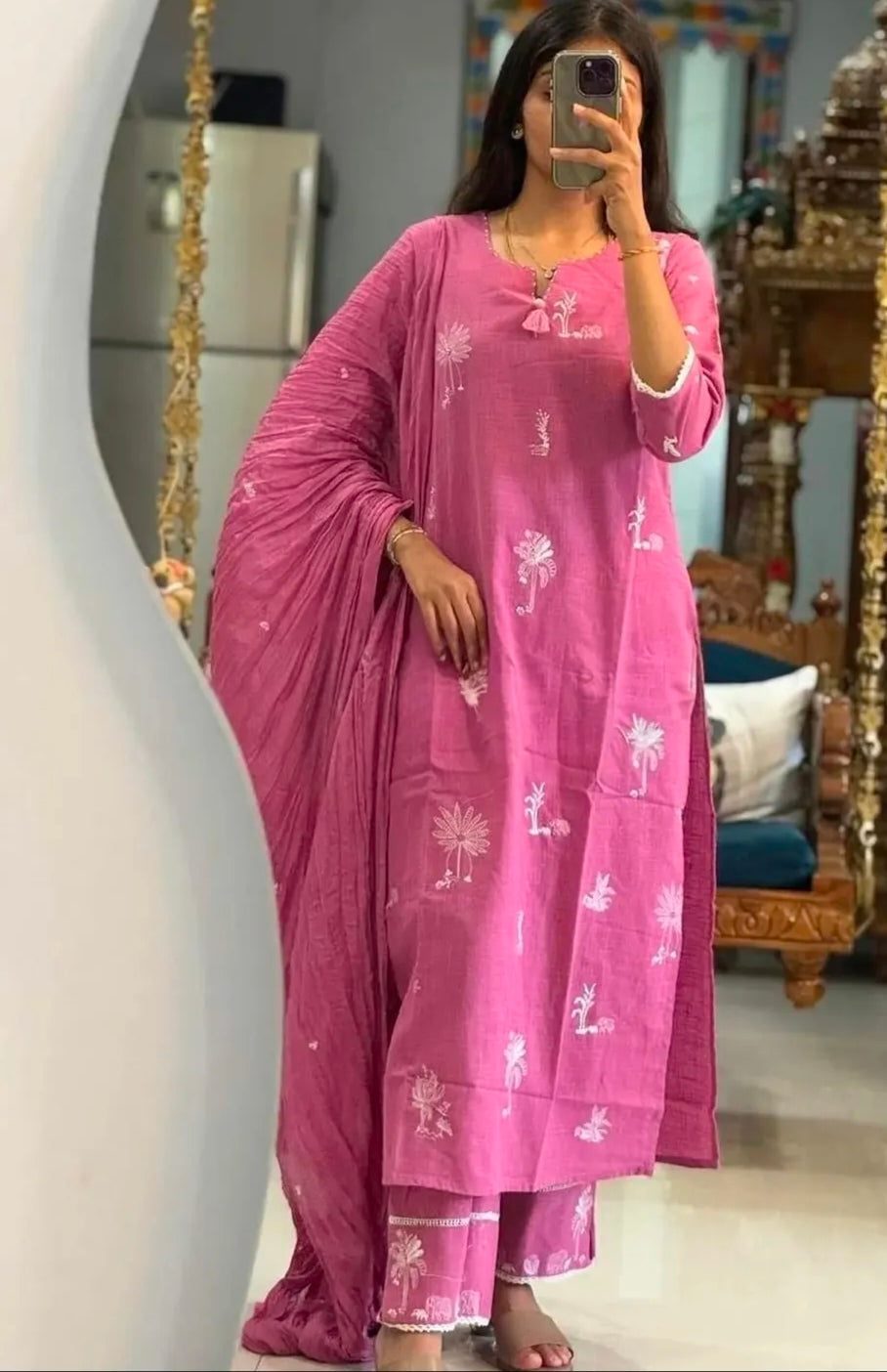 Light Pink Cotton Straight Suit Set with White Embroidery