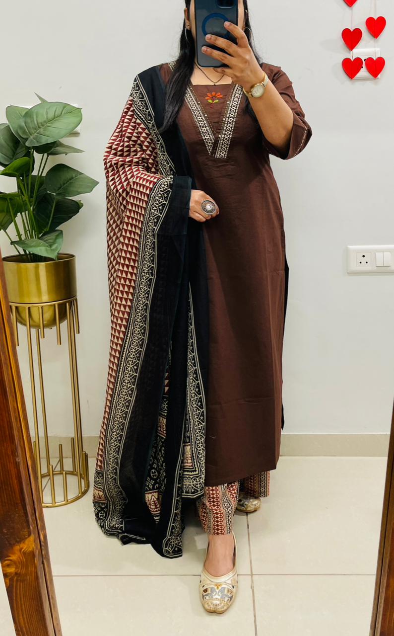 Dabu cotton coffee suit set with heavy embroidery on the yoke and pockets for women