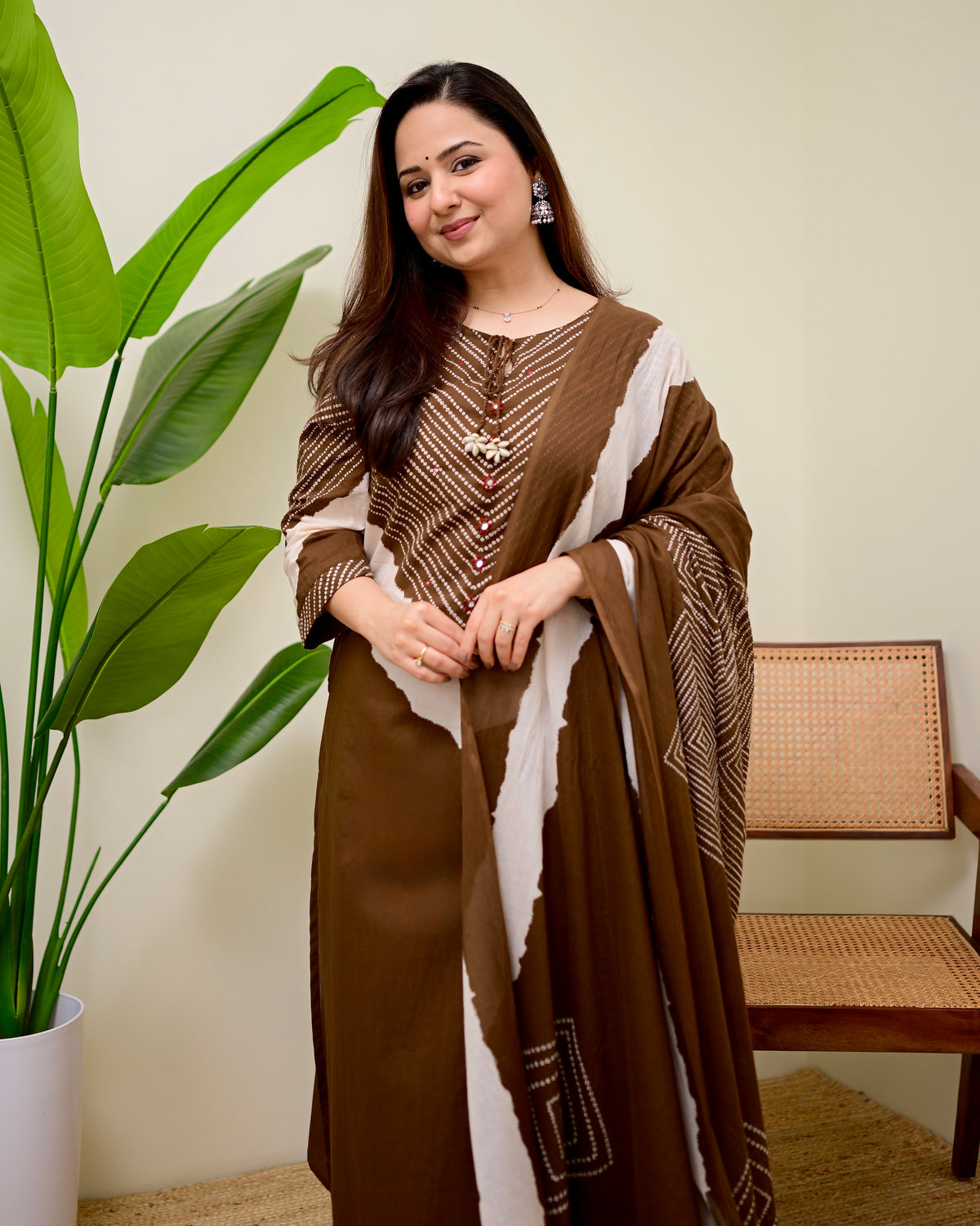 Coffee Brown Cotton Kurta Palazzo Set with Dupatta
