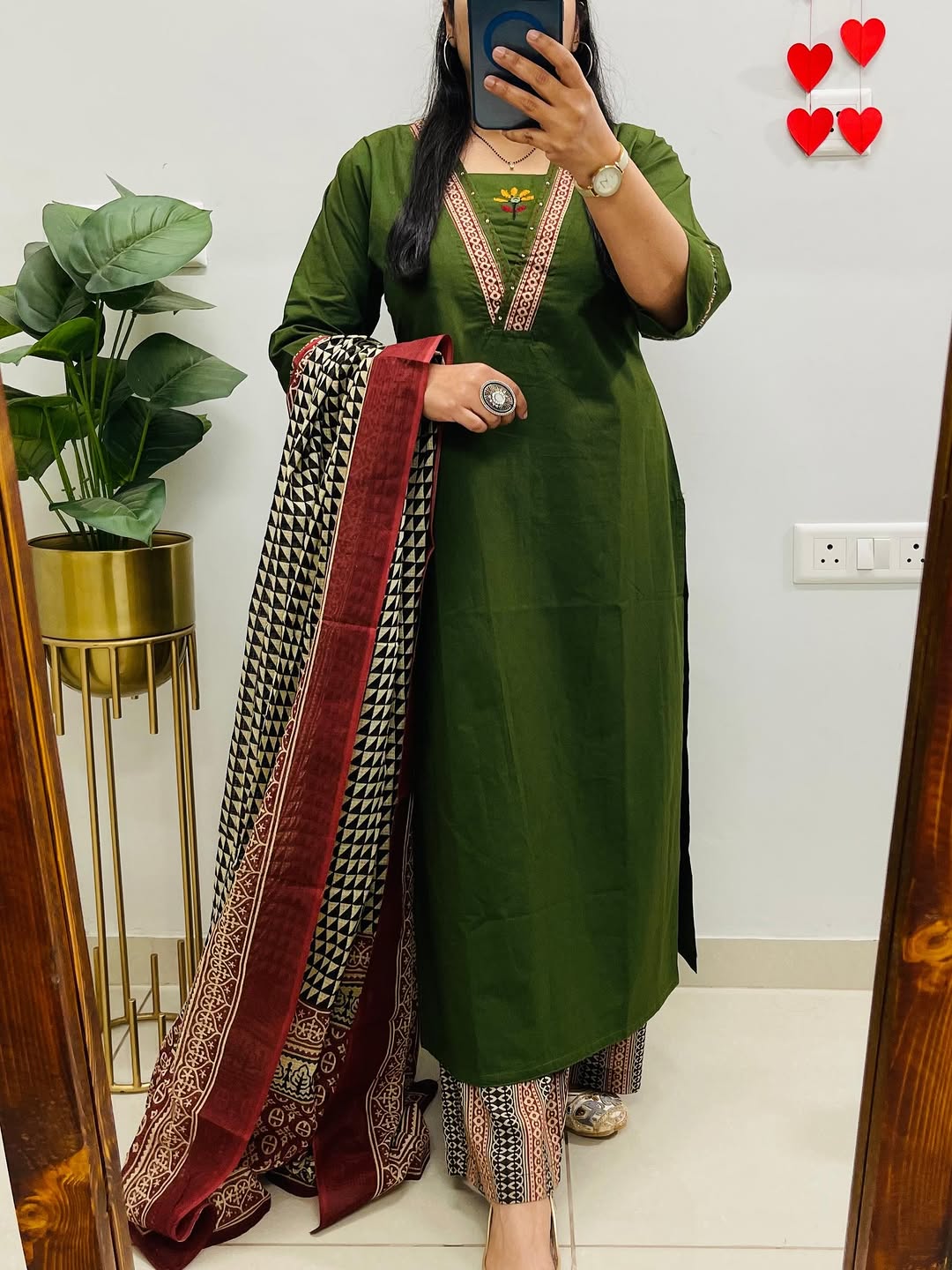 Dabu cotton green suit set with Heavy embroidery on neck for women
