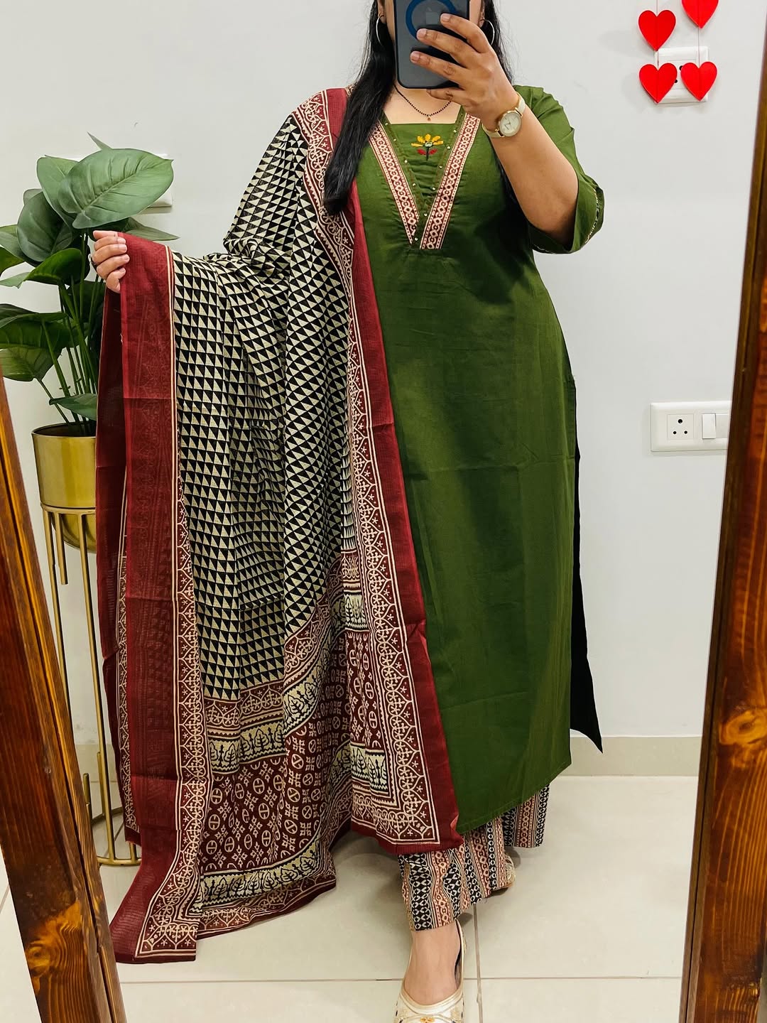 Dabu cotton green suit set with Heavy embroidery on neck for women