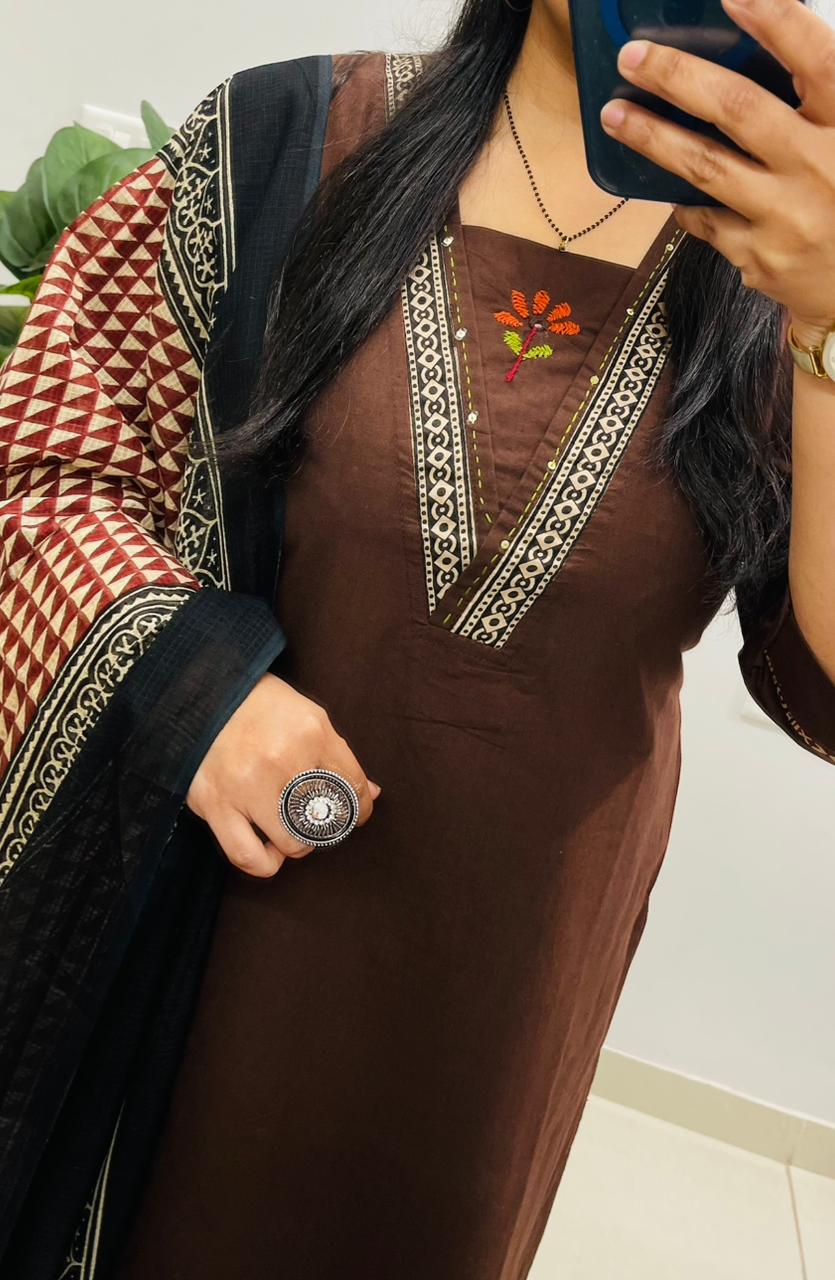 Dabu cotton coffee suit set with heavy embroidery on the yoke and pockets for women