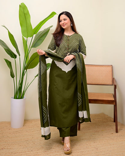 Olive Green Cotton Kurta Palazzo Set with Dupatta