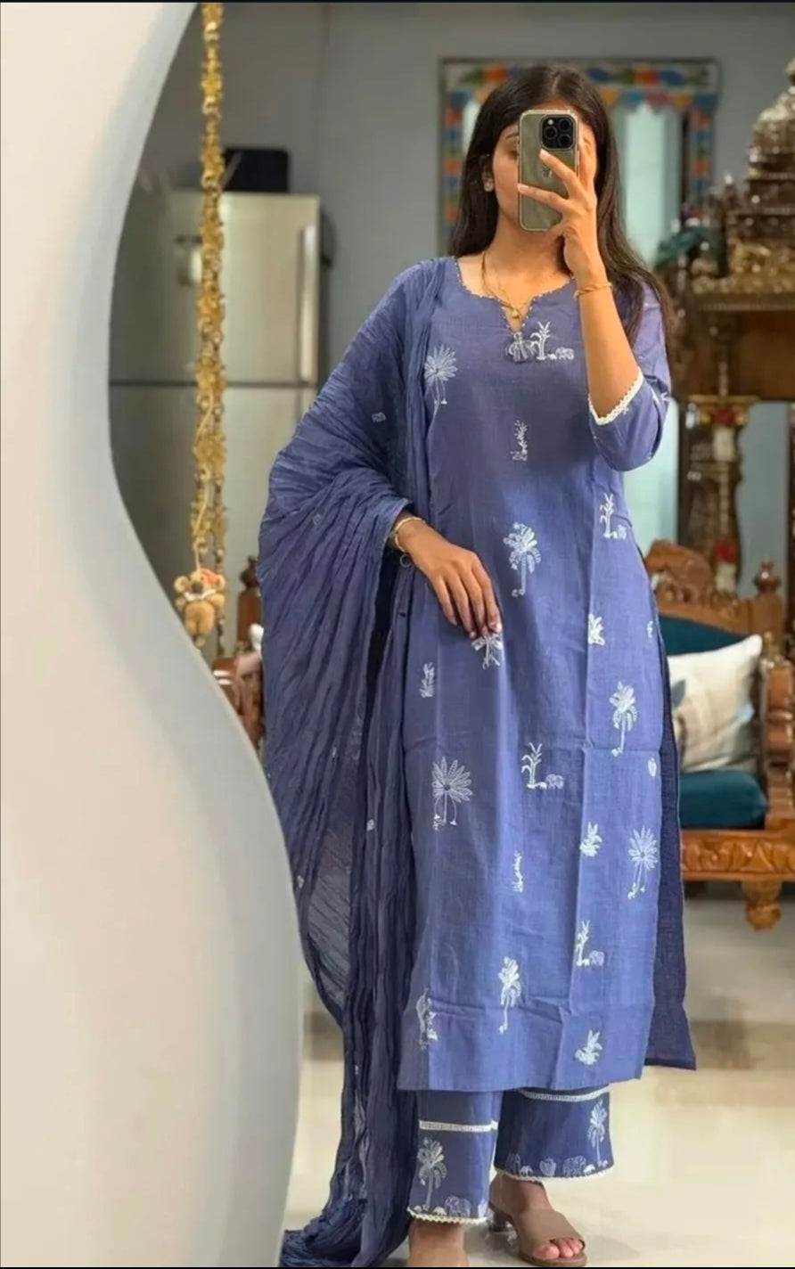 Indigo blue Cotton Straight Suit Set with White Embroidery
