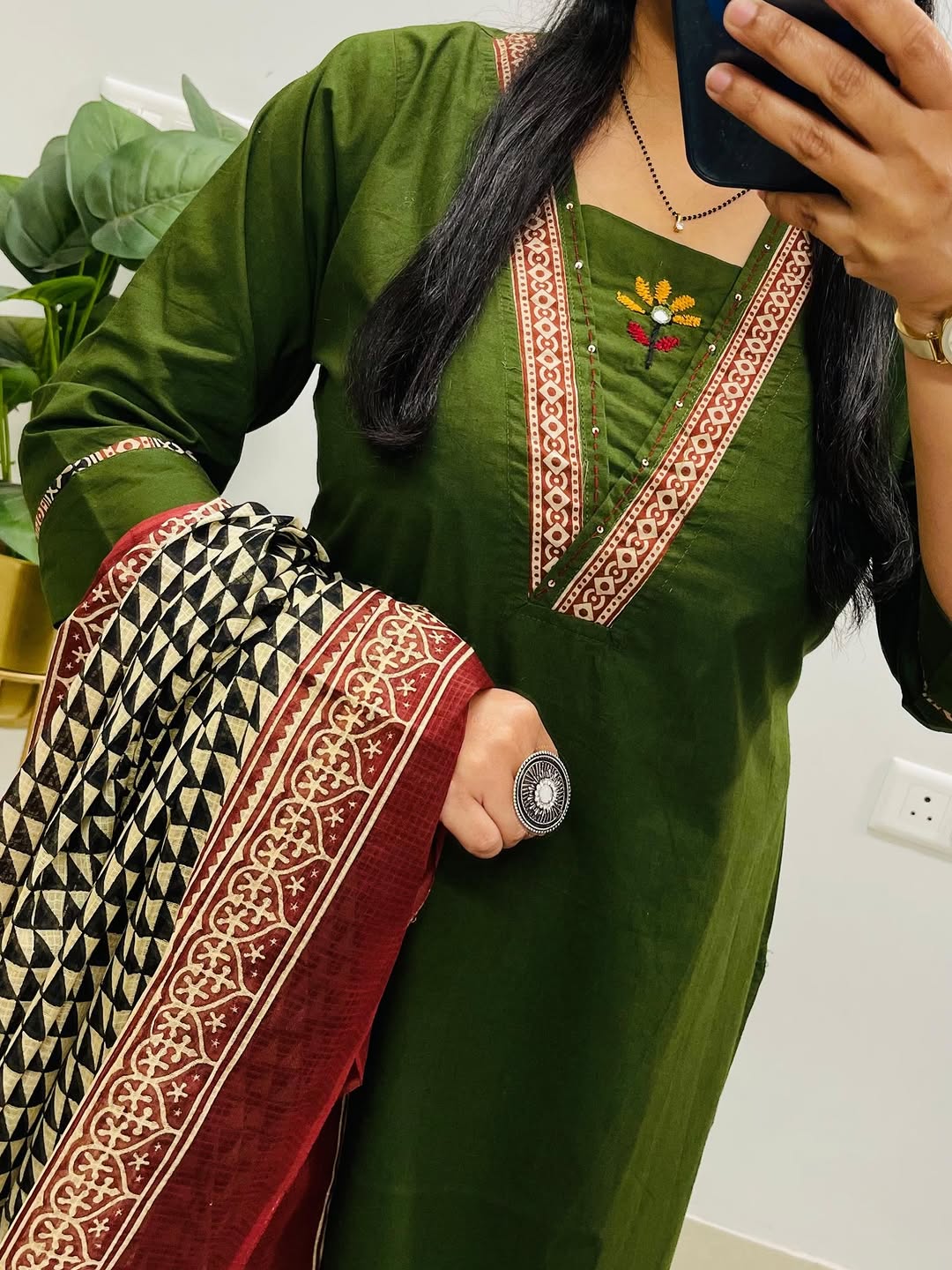 Dabu cotton green suit set with Heavy embroidery on neck for women