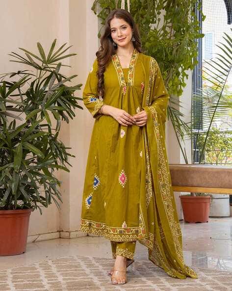 Women Bandhani Printed Cotton Lime Yellow Anarkali Kurta With Trousers & Dupatta Set