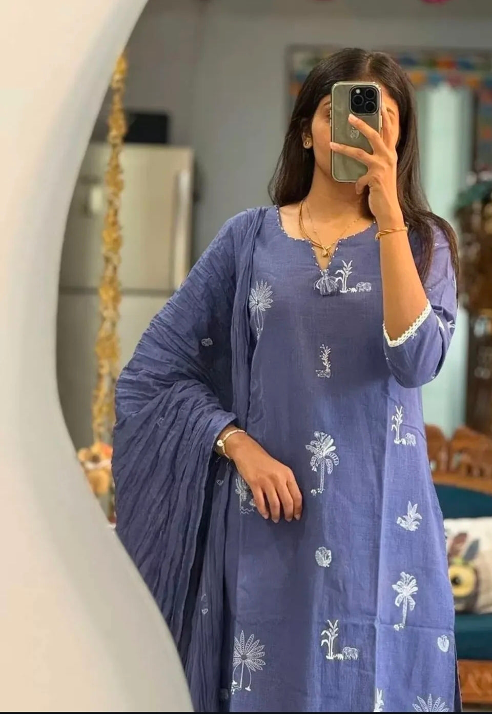 Indigo blue Cotton Straight Suit Set with White Embroidery