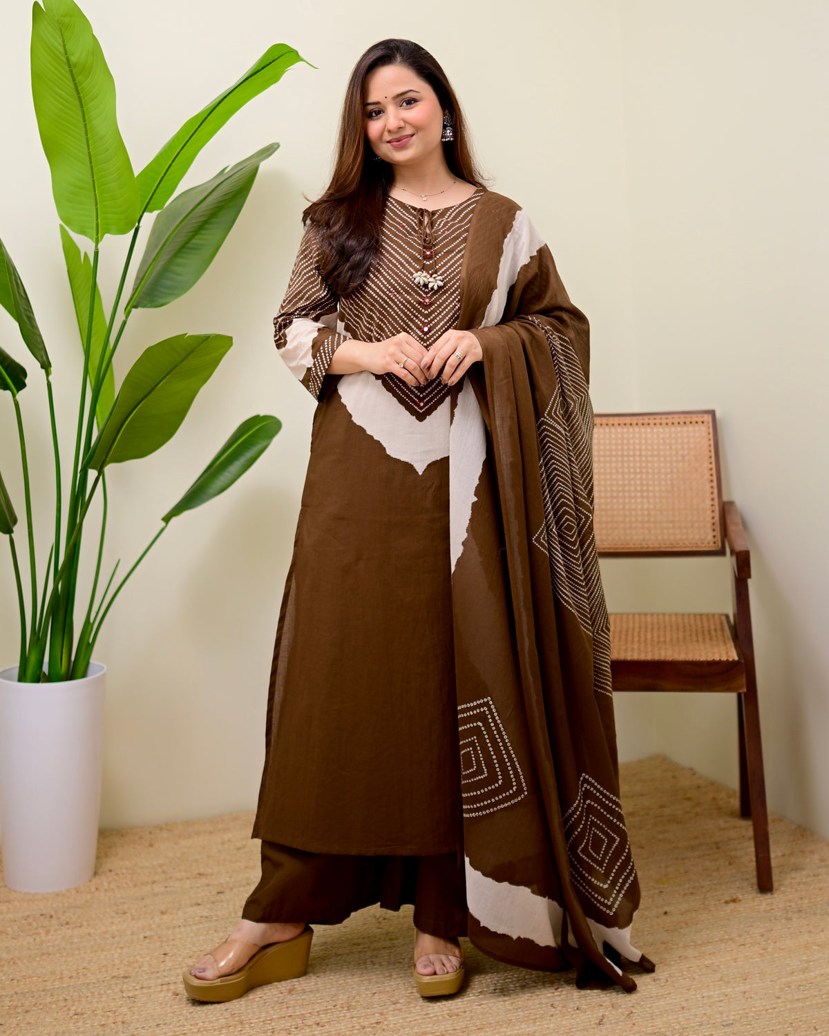 Coffee Brown Cotton Kurta Palazzo Set with Dupatta