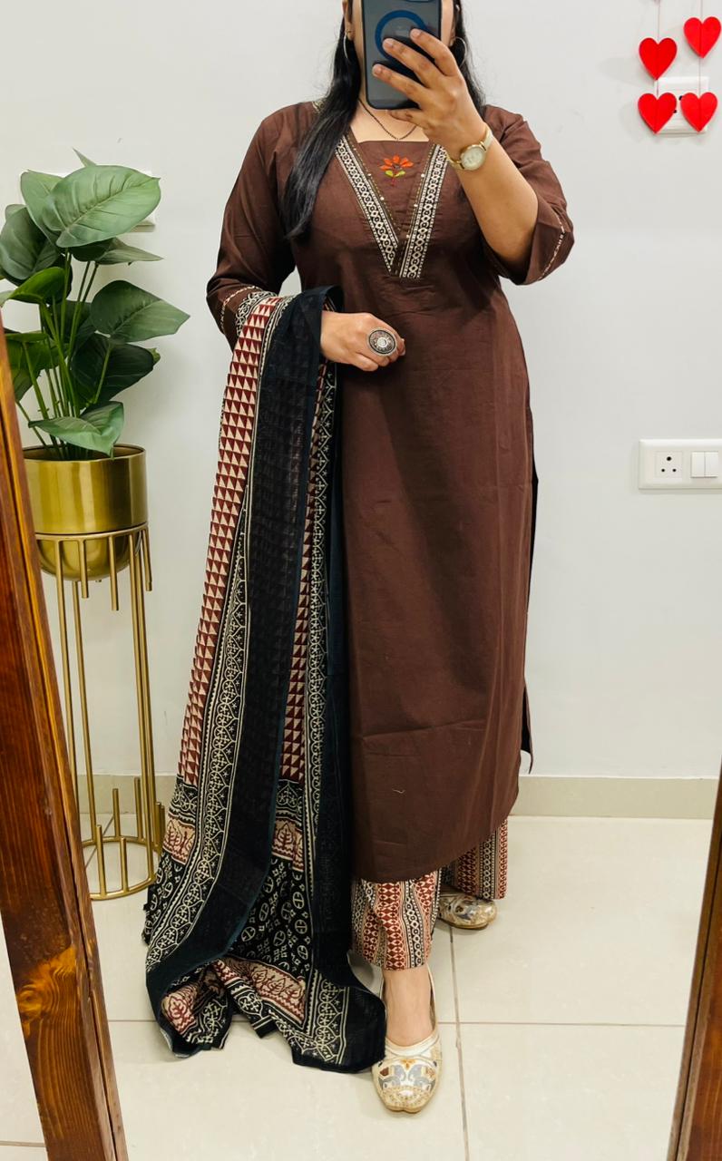 Dabu cotton coffee suit set with heavy embroidery on the yoke and pockets for women