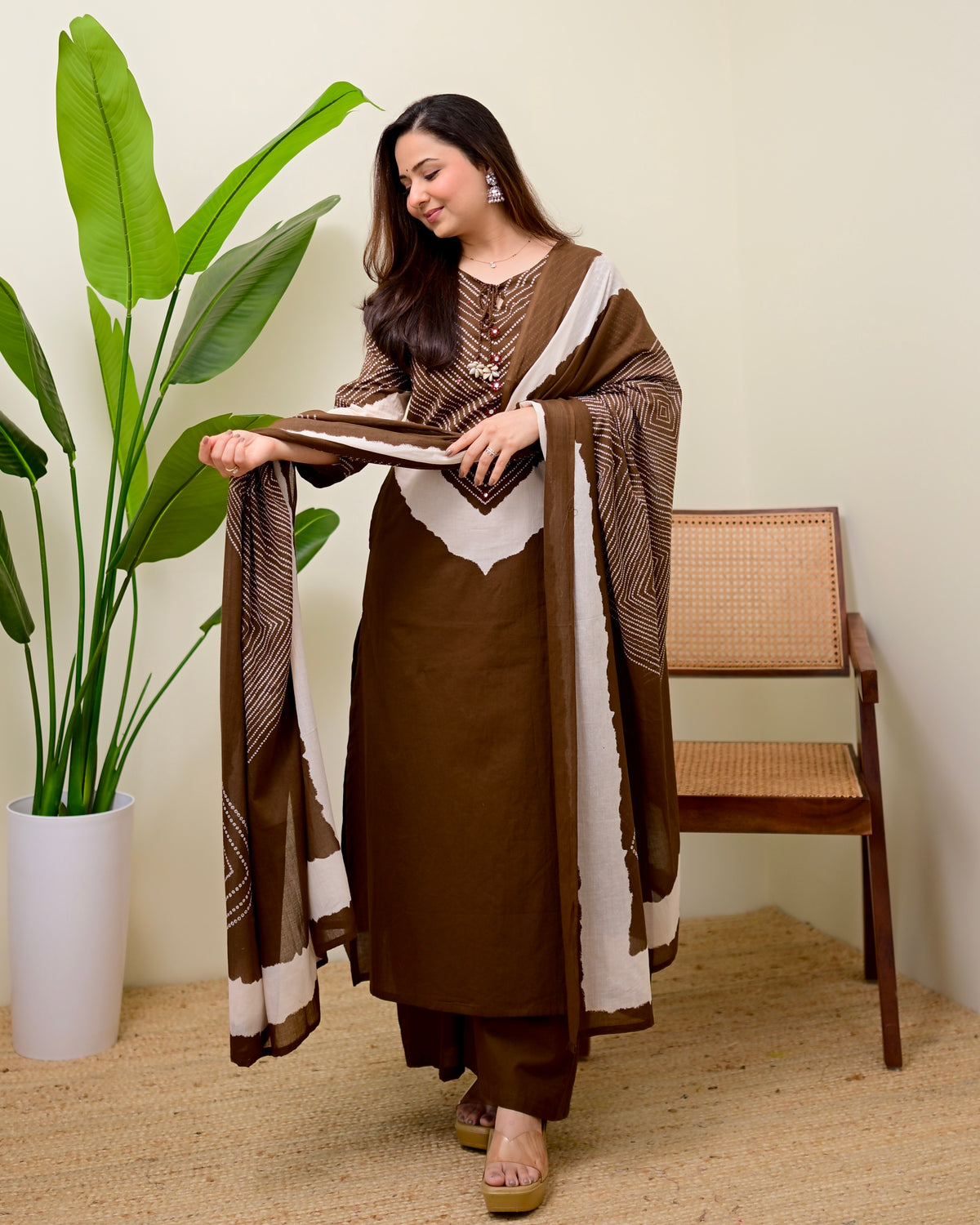 Coffee Brown Cotton Kurta Palazzo Set with Dupatta
