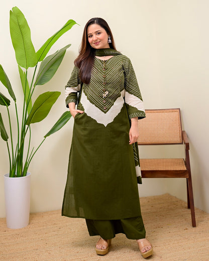 Olive Green Cotton Kurta Palazzo Set with Dupatta