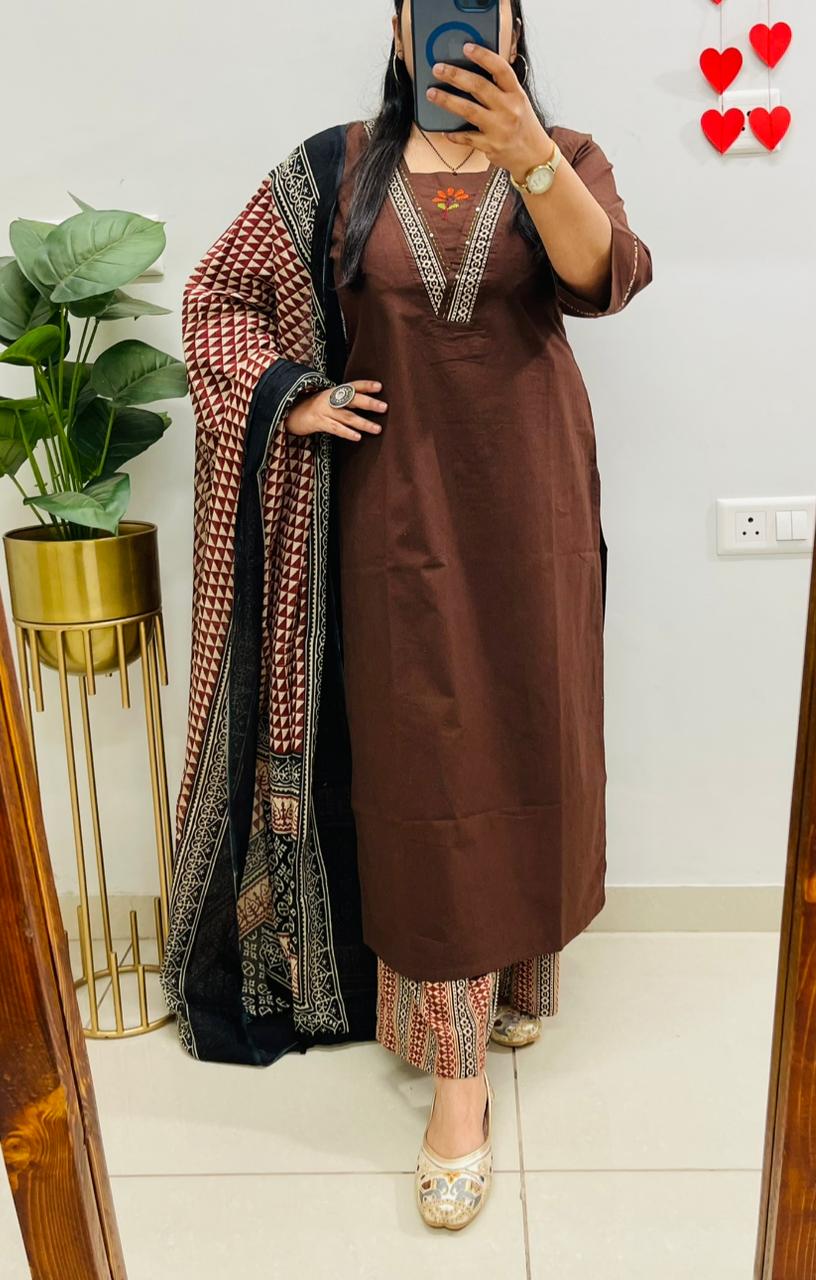 Dabu cotton coffee suit set with heavy embroidery on the yoke and pockets for women