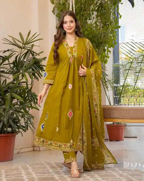 Women Bandhani Printed Cotton Lime Yellow Anarkali Kurta With Trousers & Dupatta Set