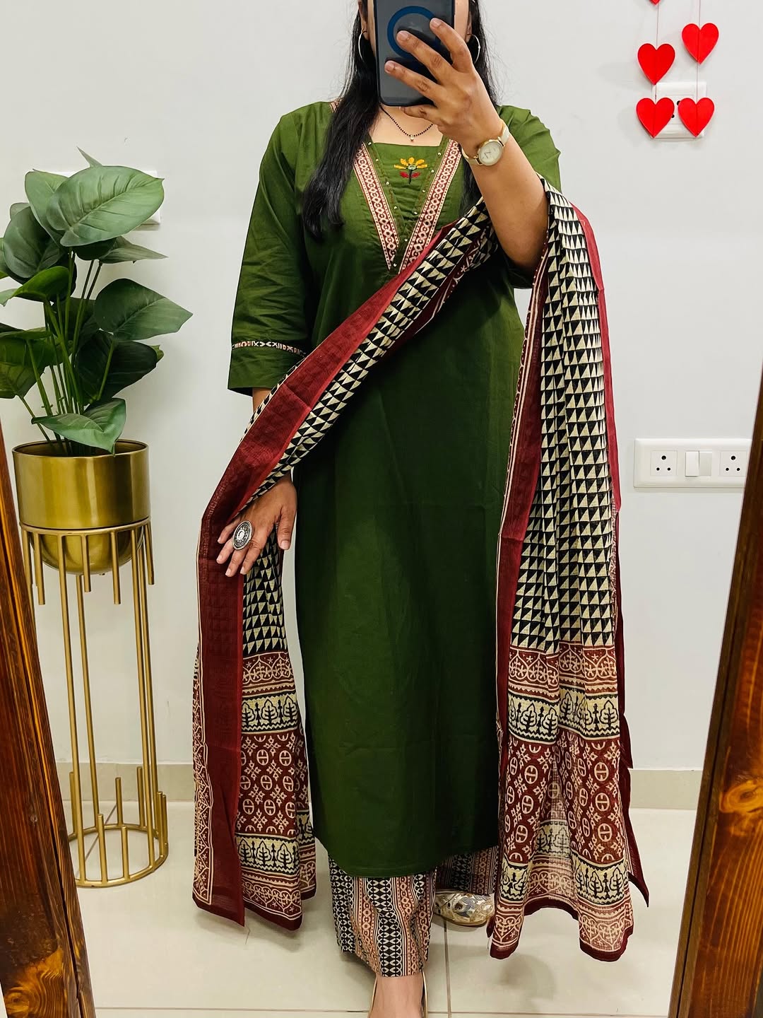 Dabu cotton green suit set with Heavy embroidery on neck for women