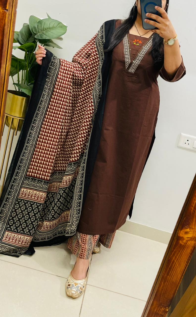 Dabu cotton coffee suit set with heavy embroidery on the yoke and pockets for women