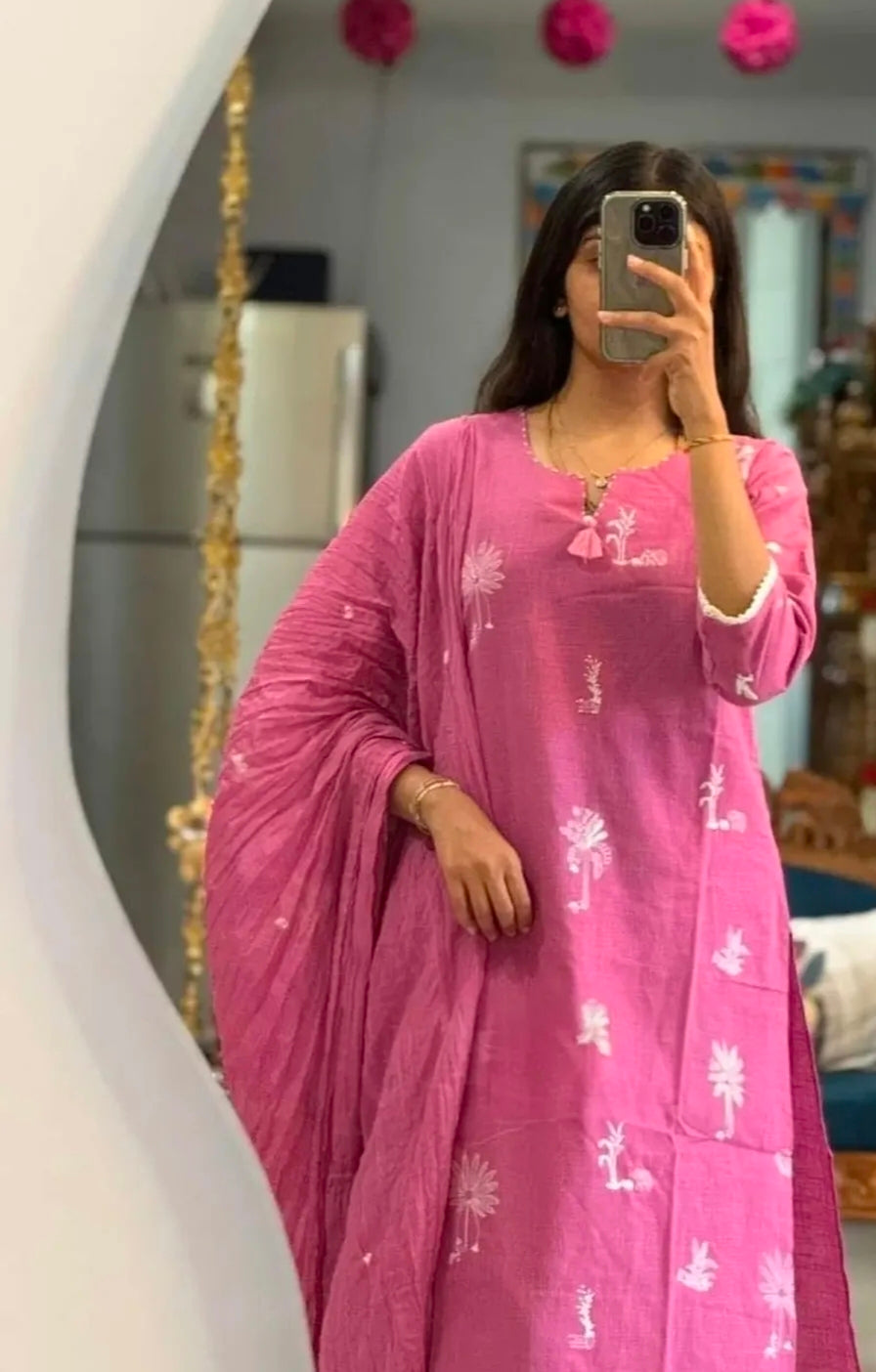 Light Pink Cotton Straight Suit Set with White Embroidery