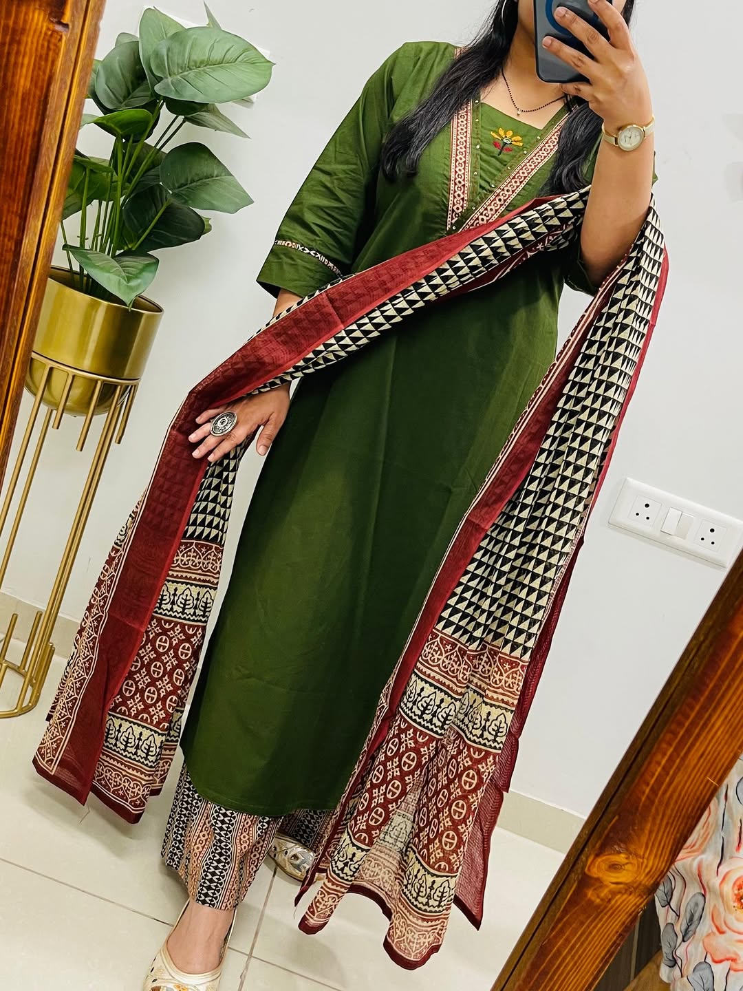 Dabu cotton green suit set with Heavy embroidery on neck for women
