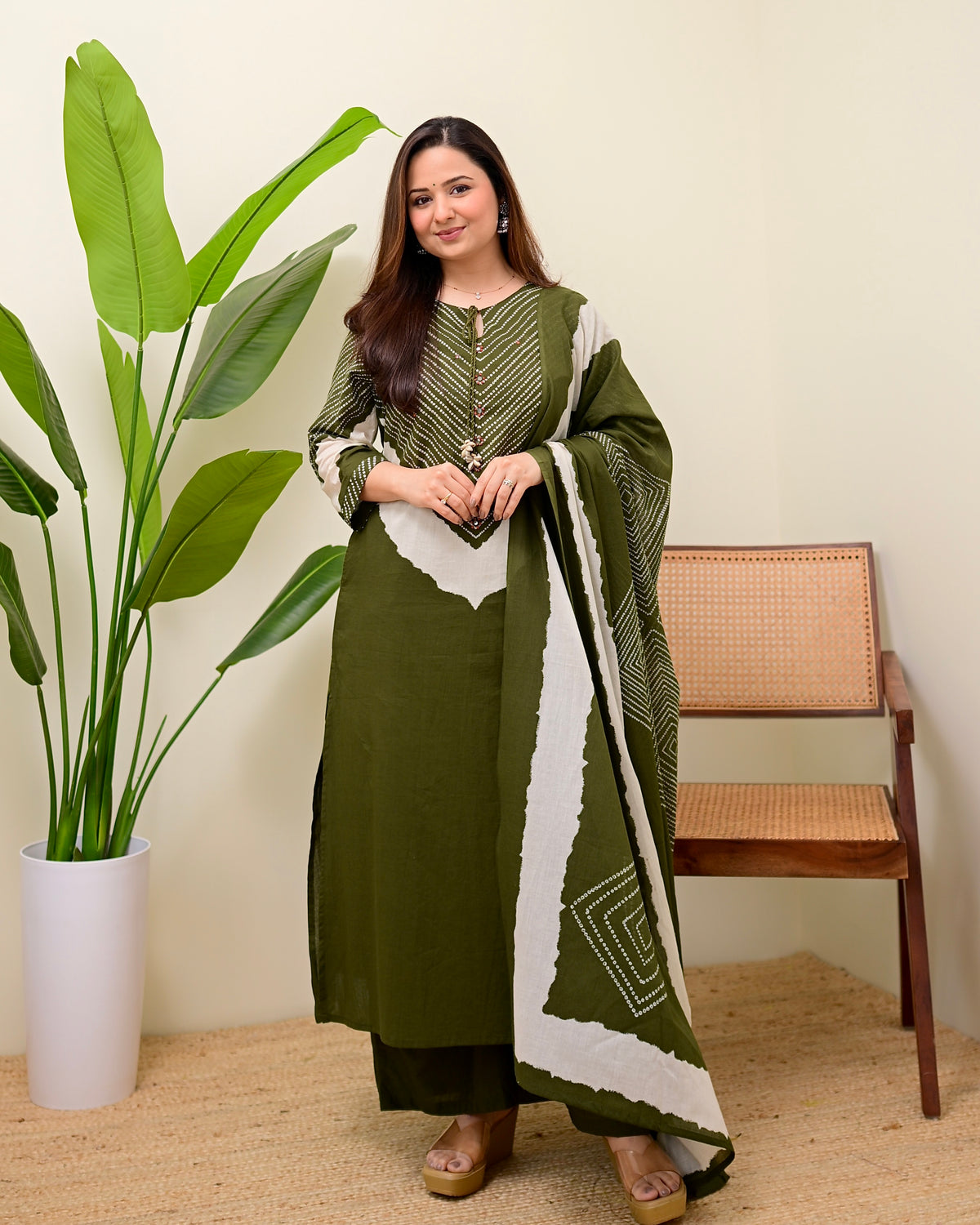 Olive Green Cotton Kurta Palazzo Set with Dupatta